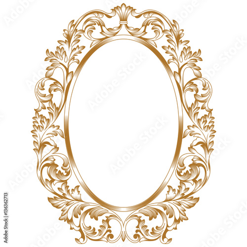 Golden oval vintage border frame engraving with retro ornament pattern in antique baroque style decorative design. Vector.