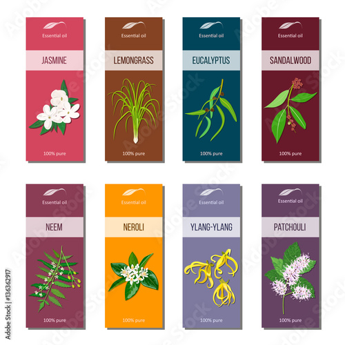 Essential oil tags collection. Sandalwood, patchouli, Ylang-ylang, neem, neroli, lemongrass, Eucalyptus, jasmine