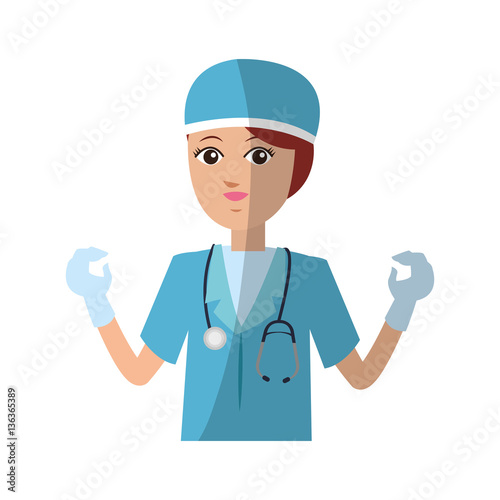 woman medical nurse cartoon icon over white background. colorful desing. vector illustration © Jemastock