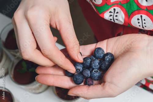 Decorating Italian tiramisu dessert with blueberries and mint