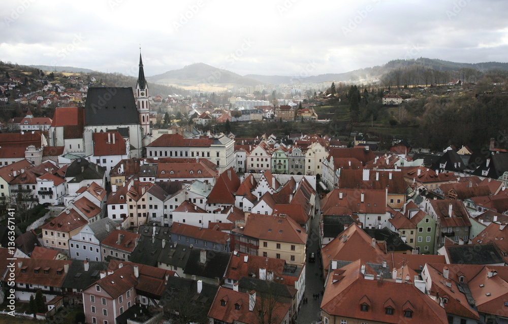 The view of Cesky Krumlov from the top of the tower in the Krumlov castle (Cesky Krumlov, Czech Republic).