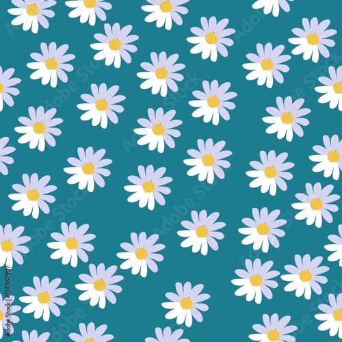 Fototapeta Naklejka Na Ścianę i Meble -  Cute seamless floral pattern with daisies on sky blue background. Vector illustration. Print for fabric, paper, wallpaper, wrapping design.