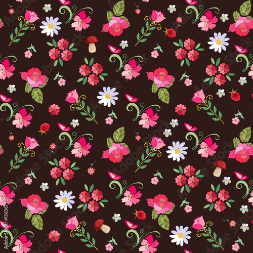 Cute seamless floral pattern with roses, daisies, raspberries, mushrooms and butterflies on dark-brown background. Vector illustration. Print for fabric, paper, wallpaper, wrapping design.