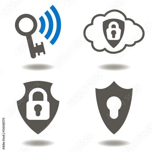 Cyber security data protection insurance business web access vector icon set. Shield, lock, key wifi, cloud illustration. Safety computer of information from virus cyber digital internet technology