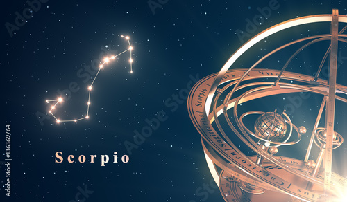Zodiac Constellation Scorpio And Armillary Sphere Over Blue Background