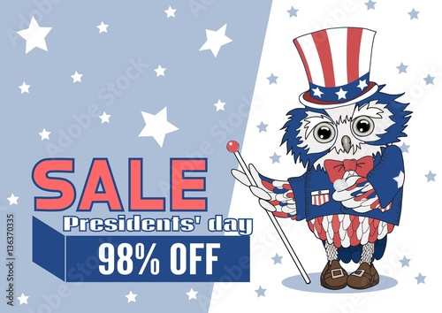 Uncle Sam Owl magician shows a trick with Presidents day SALE box under a floodlight, eagle-owl wizard in a stage costume, gray background with stars, card, banner or poster template, ad print photo