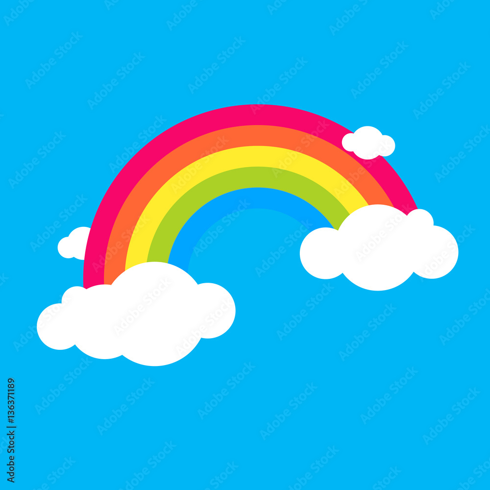 Color rainbow with clouds, sky. Vector cartoon illustration isolated on blue. Summer symbol. design for children room interior, poster, card
