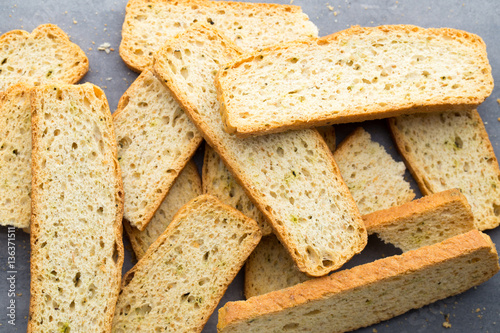 Garlic and herb bread slices. Eco food.