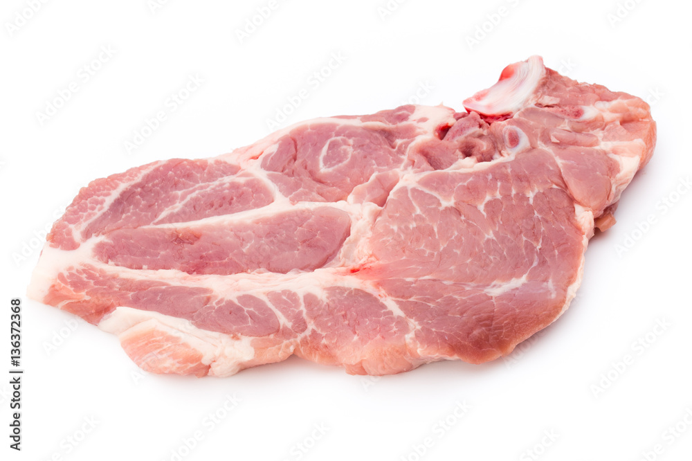 Fresh raw beef steak isolated on white background, top view.