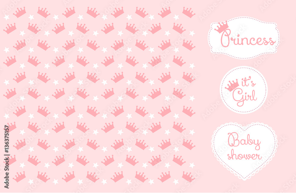 Pink princess Crown Background Vector Illustration. Baby shower design elements. Crown and stars seamless pattern. It is a girl.