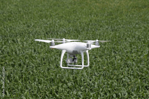 Flying white quadrocopters over a field of wheat