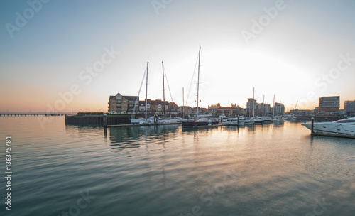 Harbour entrance to Ocean Village Marina in Southampton at sunset © Peter Sterling