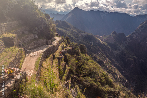 Peru, Machu Picchu inca trail view on the mountains.