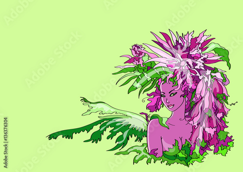   Flower - woman , vector illustration  , lilac  on green  background