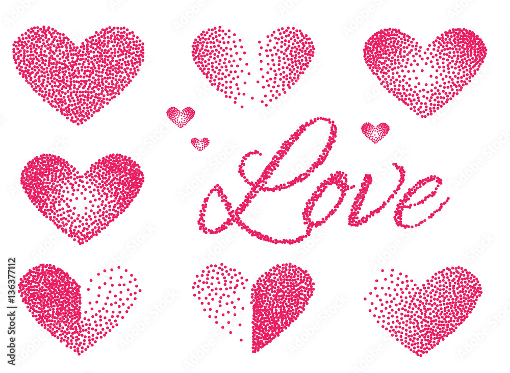 Set of Stickers love and heart. Halftone Design. Vector illustration