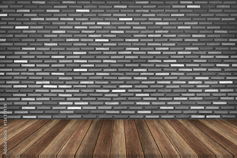 Wooden board background brick wall