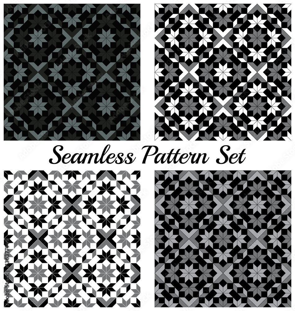 Set of four trendy geometric seamless patterns with rhombus, square, triangle and star shapes of black, grey and white shades