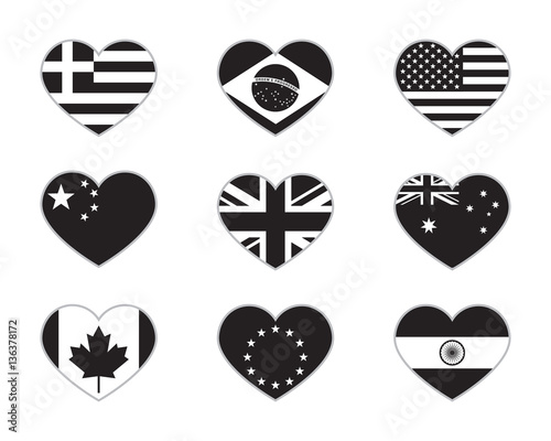 Heart flags, black isolated on white background, vector illustration.