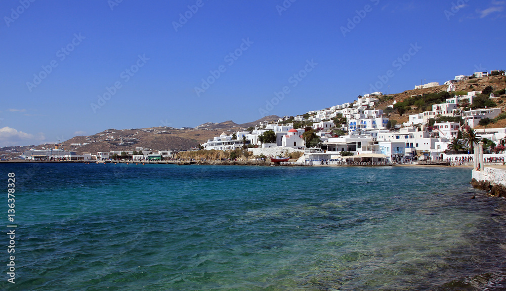 Mykonos town and blue sea