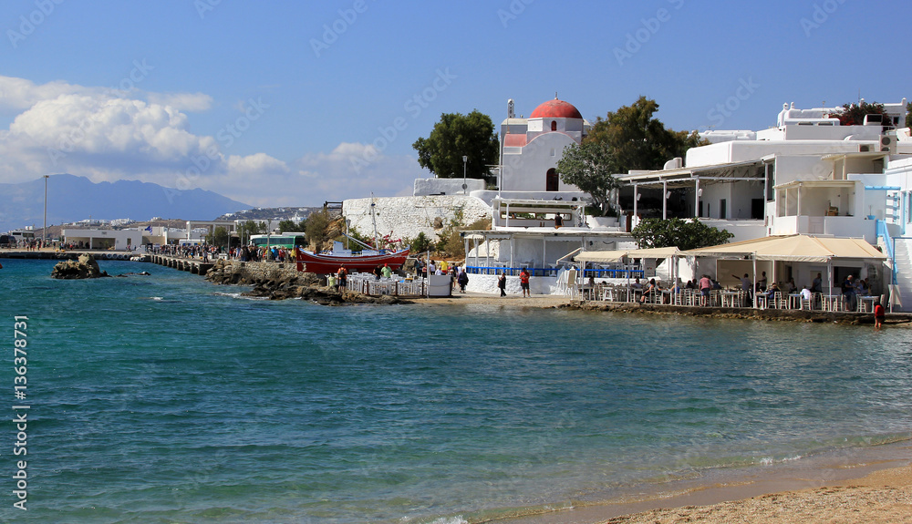 Mykonos town and blue sea