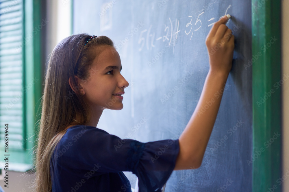 Girl Doing Math Exercise At Blackboard In High School Class Girl Doing Math Exercise At Blackboard In High School Class