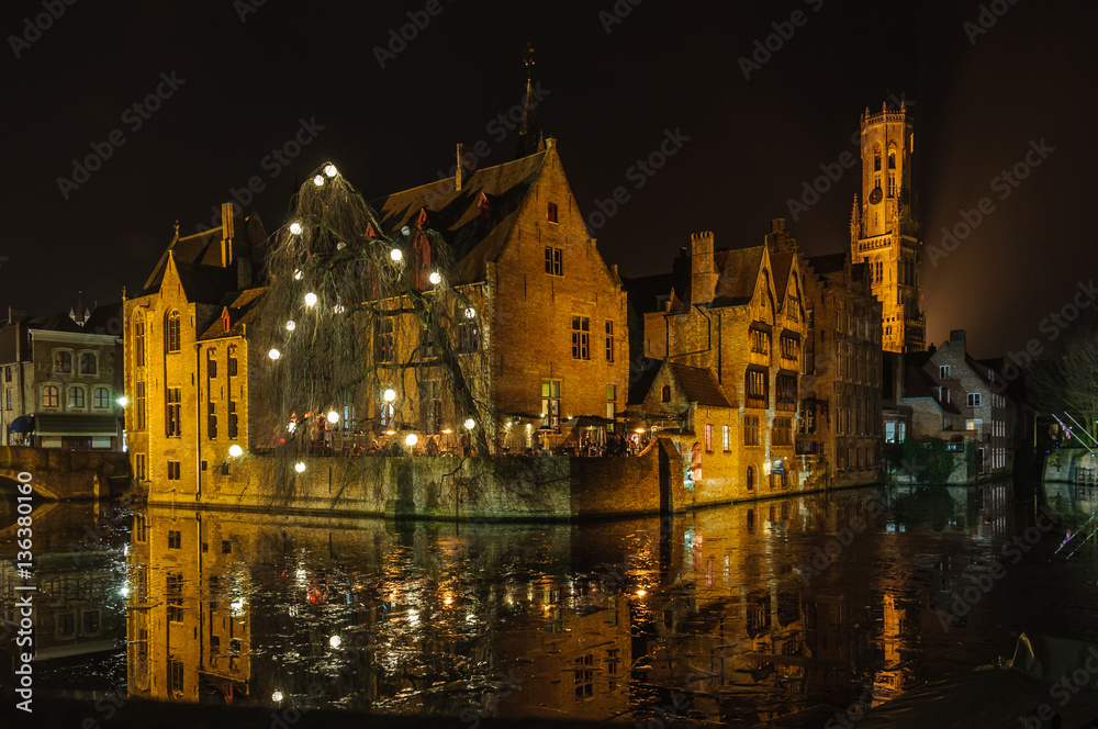 Romantic night scenery in Bruges, Belgium