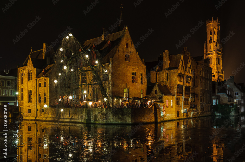 Romantic night scenery in Bruges, Belgium