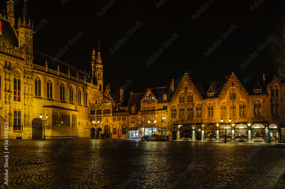 Burg square at night in Bruges, Belgium