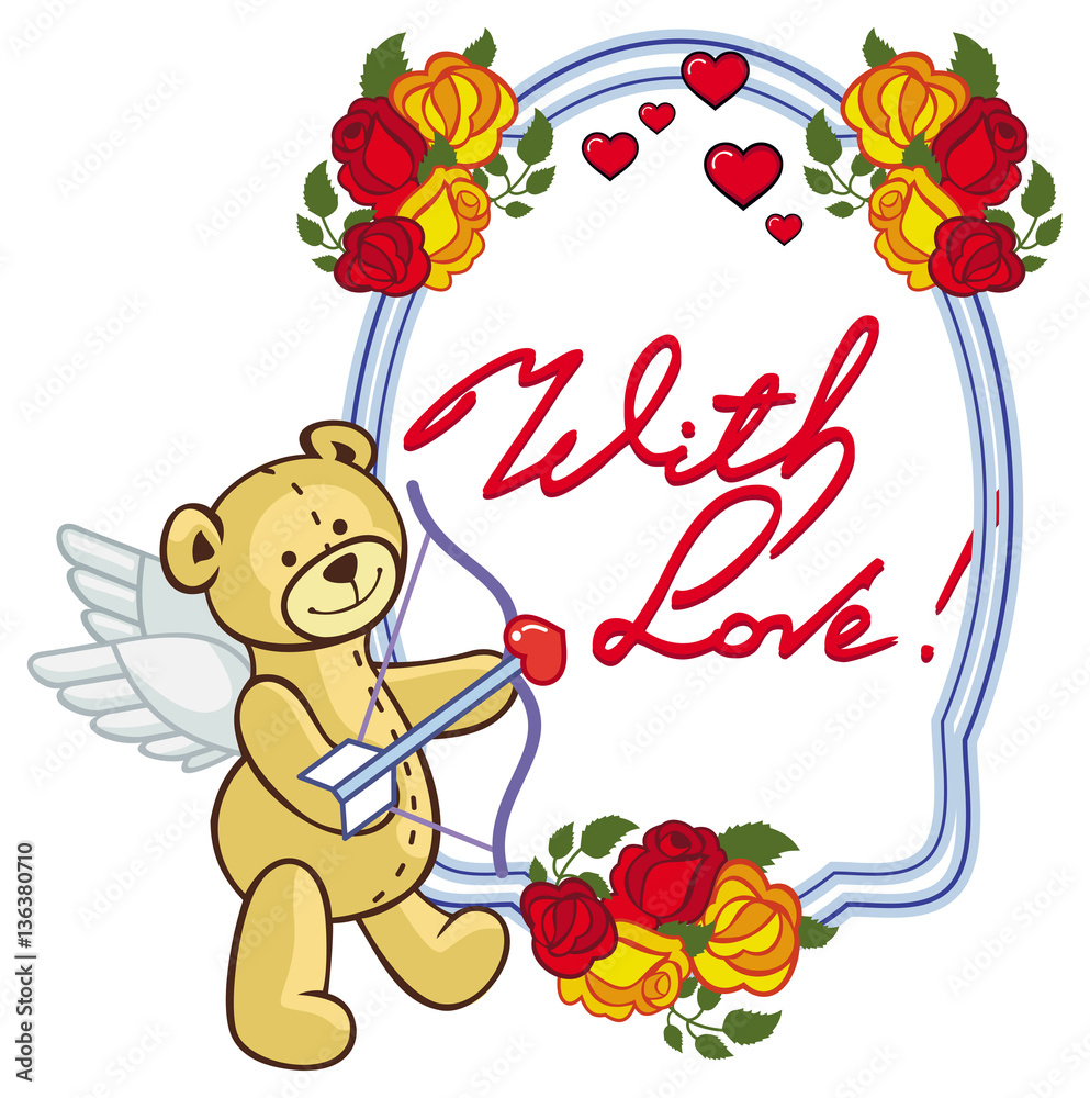 Oval frame with red roses, teddy bear, looks like a Cupid Oval frame with red roses, teddy bear, looks like a Cupid