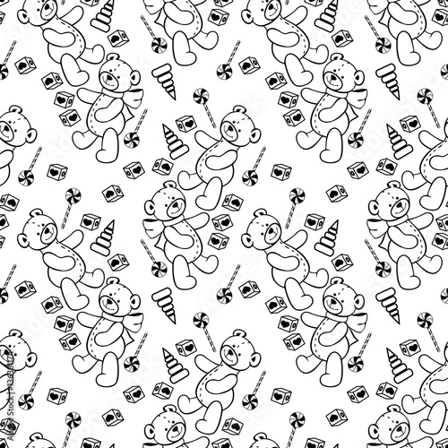 Black and white seamless pattern with teddy bears. Raster clip art.