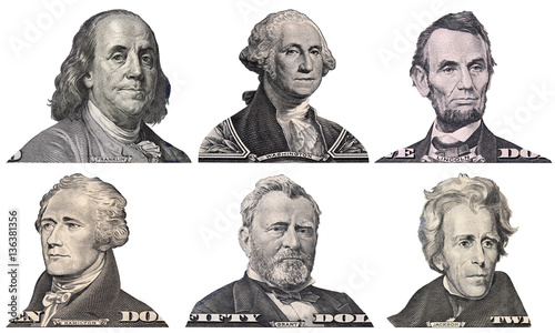 George Washington, Benjamin Franklin, Abraham Lincoln, Alexander Hamilton, Andrew Jackson, Ulysses Grant faces from US dollar bills isolated, United States presidents, money closeup photo
