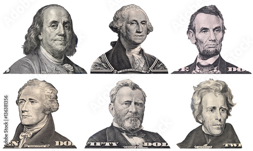 George Washington, Benjamin Franklin, Abraham Lincoln, Alexander Hamilton, Andrew Jackson, Ulysses Grant faces from US dollar bills isolated, United States presidents, money closeup