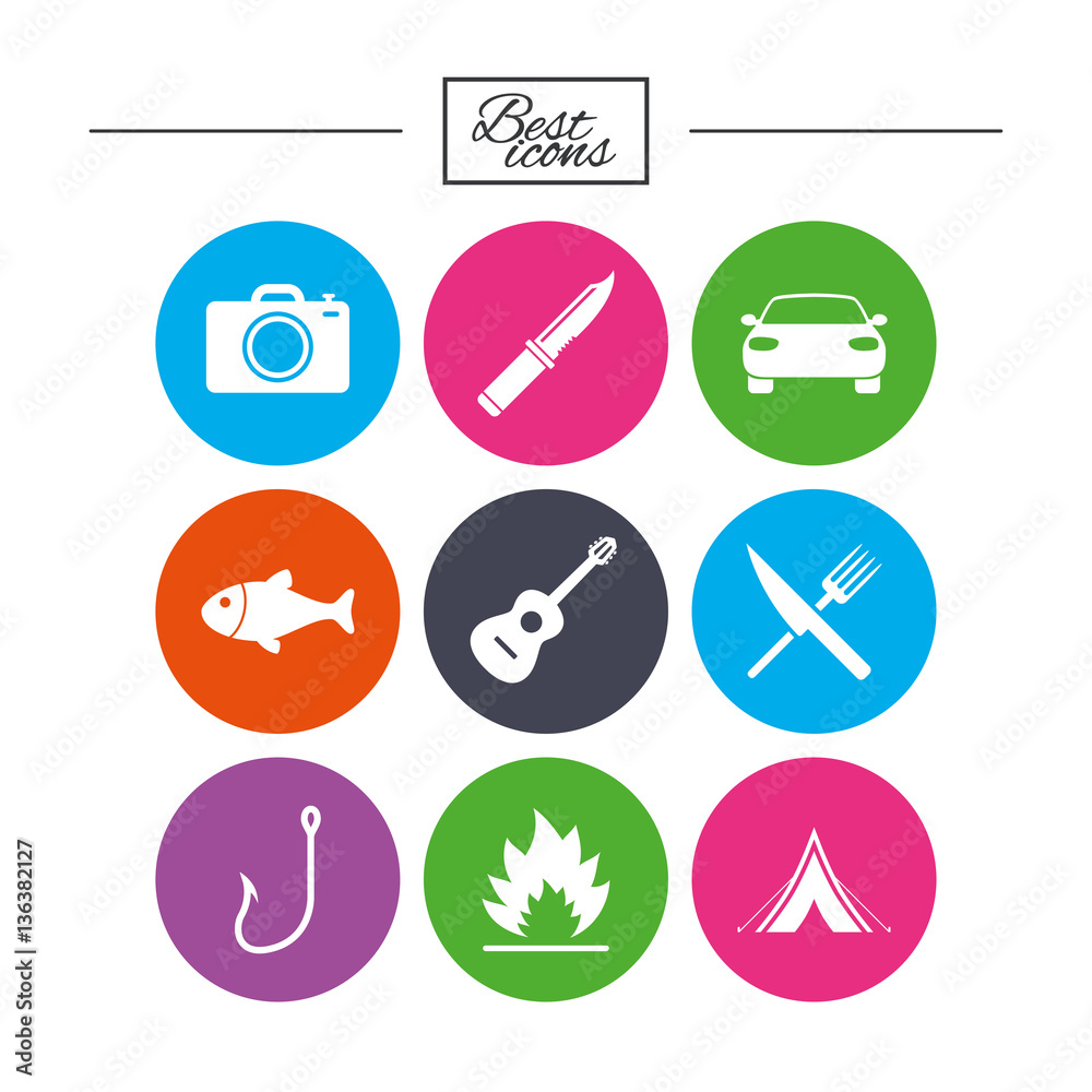 Camping travel icons. Fishing, tourist tent. Camping travel icons. Fishing, tourist tent.