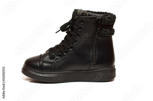image of woman black leather boot isolate white background