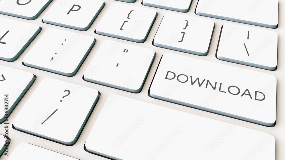 White computer keyboard and download key. Conceptual 3D rendering White computer keyboard and download key. Conceptual 3D rendering