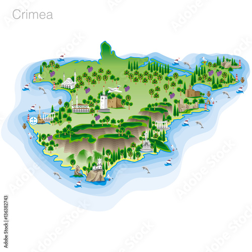 Drawing of color Crimea tourist map. Vector illustration