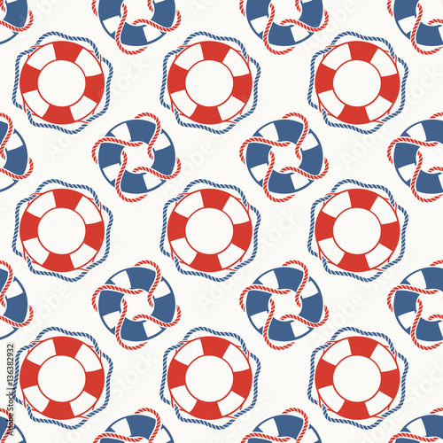 Simple Nautical Retro Pattern with Life Buoys. Drawn Seamless Background