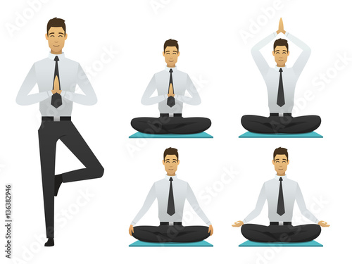 Yoga man poses illustration. set meditation logo flat design. sitting, meditator business man. resting person vector. 
