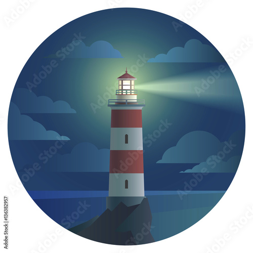 vector lighthouse with beautiful landscape of ocean round icon. flat house tower with sea and sky symbol, cartoon style illustration. seaside build sign design.