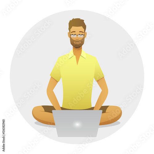 Relaxing man at work with a yoga pose style. Cartoon style freelancer with computer round icon. work at a distance flat illustration. Seated guy meditating with aura. Internet job meditation vector.