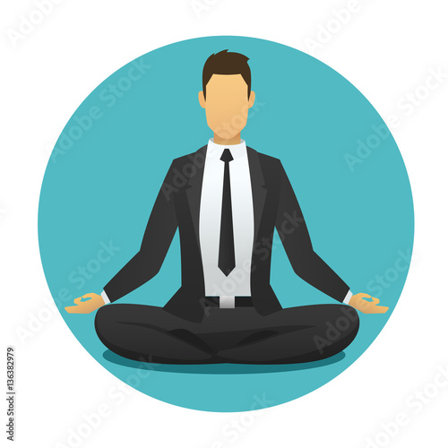 Yoga man icon. meditation logo flat design. sitting, meditator business man with blue  round background. vector illustration. 