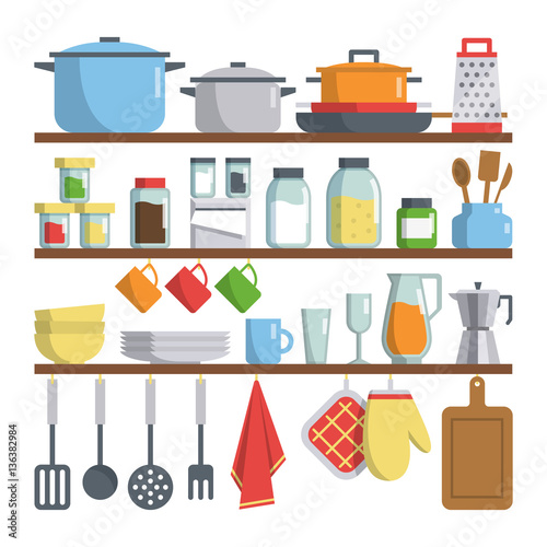 Set of vector kitchen equipments on shelf isolated on white background. kitchen tools objects big collection. bright flat design cartoon style. household illustration. 