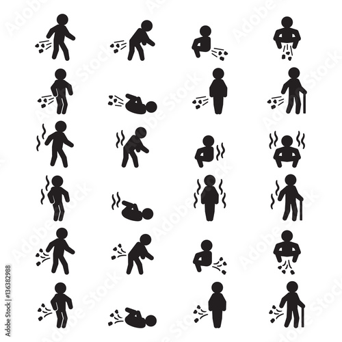 People icon set. People farting in various positions and bad odor. Vector.
