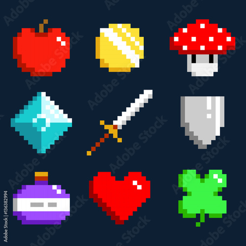 Set of minimalistic pixel art vector objects isolated. game 8 bit style. minimalistic pixel graphic symbols group collection. apple, coin, mushroom, diamond, sword, shield, potion, heart, lucky clever