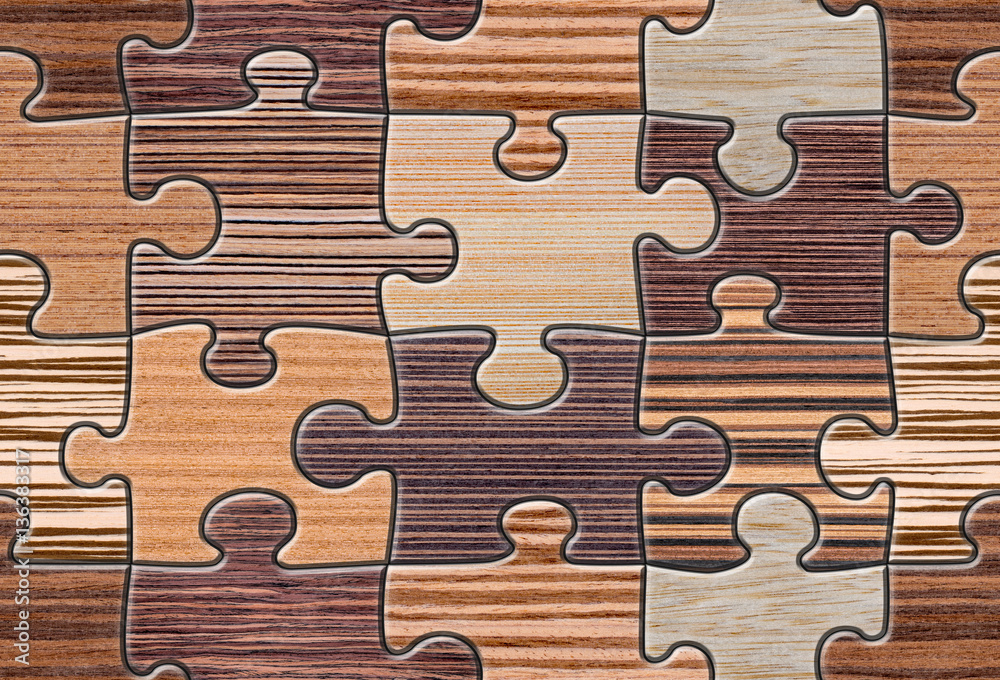 Puzzles made of different exotic wood. SEAMLESS background pattern. Will tile endlessly. Puzzles made of different exotic wood. SEAMLESS background pattern. Will tile endlessly.