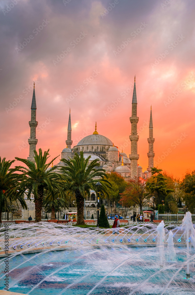The Blue Mosque, (Sultanahmet Camii) in sunset, Istanbul, Turkey