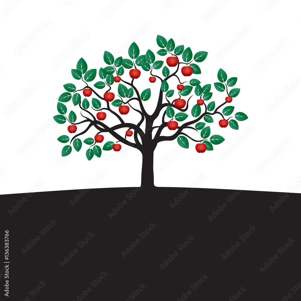 Young Tree with Green Leafs, Roots and Red Apple.Vector Illustra