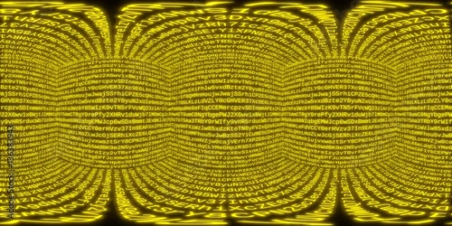 360VR Video. Matrix cube. 360 degree virtual reality video. Yellow, alphanumeric variant, loop able
