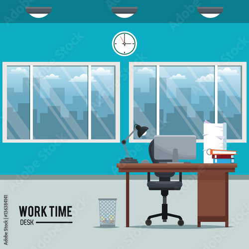 work time desk space clock chair window basket vector illustration eps 10