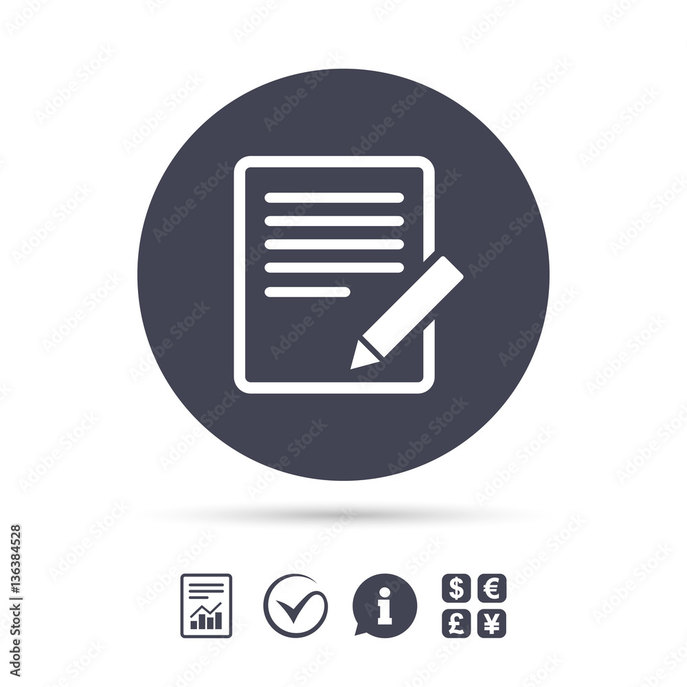 Edit document sign icon. Edit content button. Edit document sign icon. Edit content button.